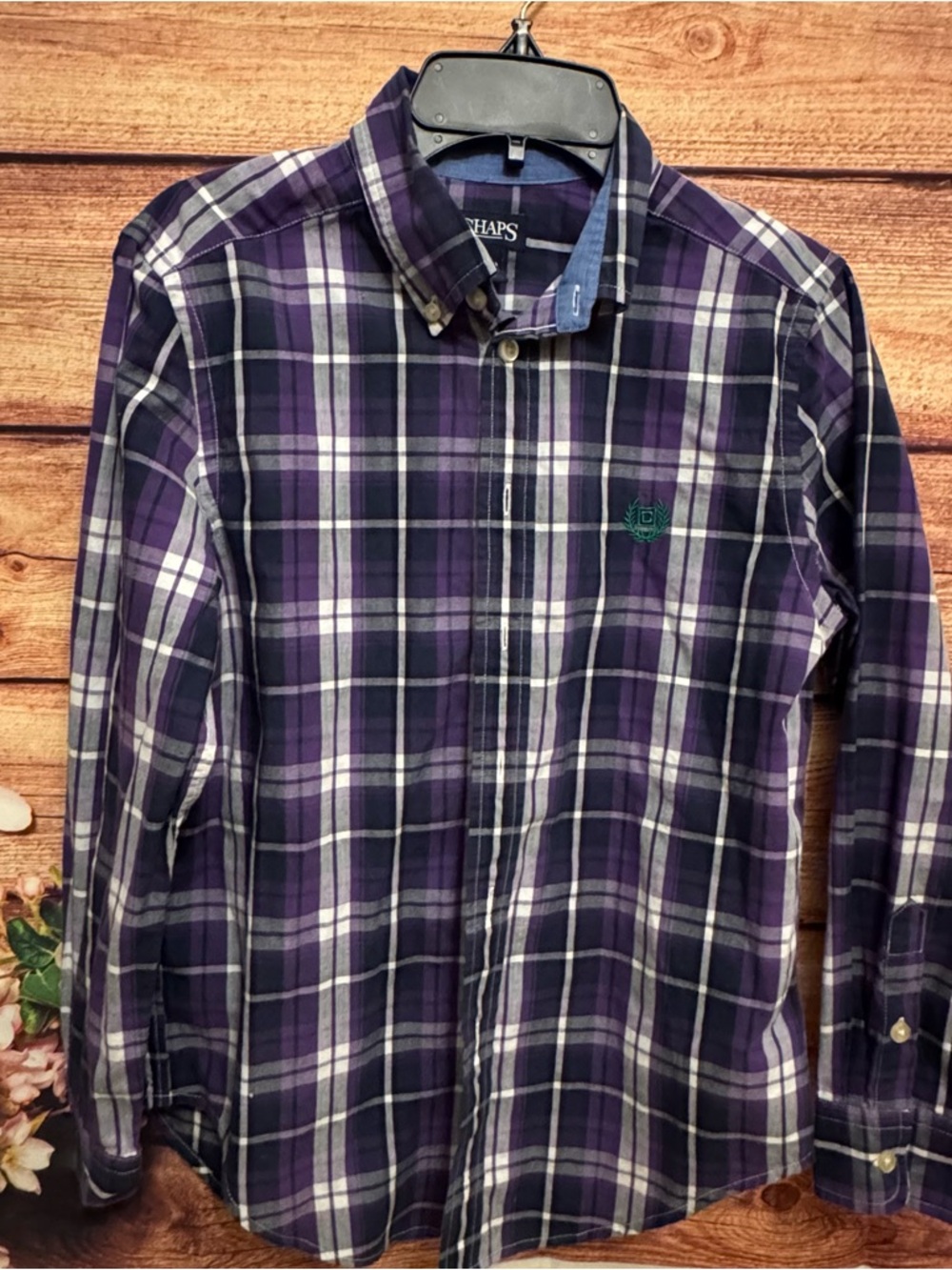 Chaps Boys Plaid Button Down | Size M 10/12 | Purple Navy | Preppy Shirt